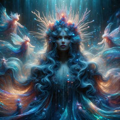 The primary subject of the image is a woman with long, flowing hair, wearing a crown of flowers. She is surrounded by a beautiful, colorful, and ethereal environment. The setting includes a backdrop of a forest, and the visual style is a combination of digital art and illustration. The colors and mood of the image are vibrant and lively, with a sense of magic and wonder.